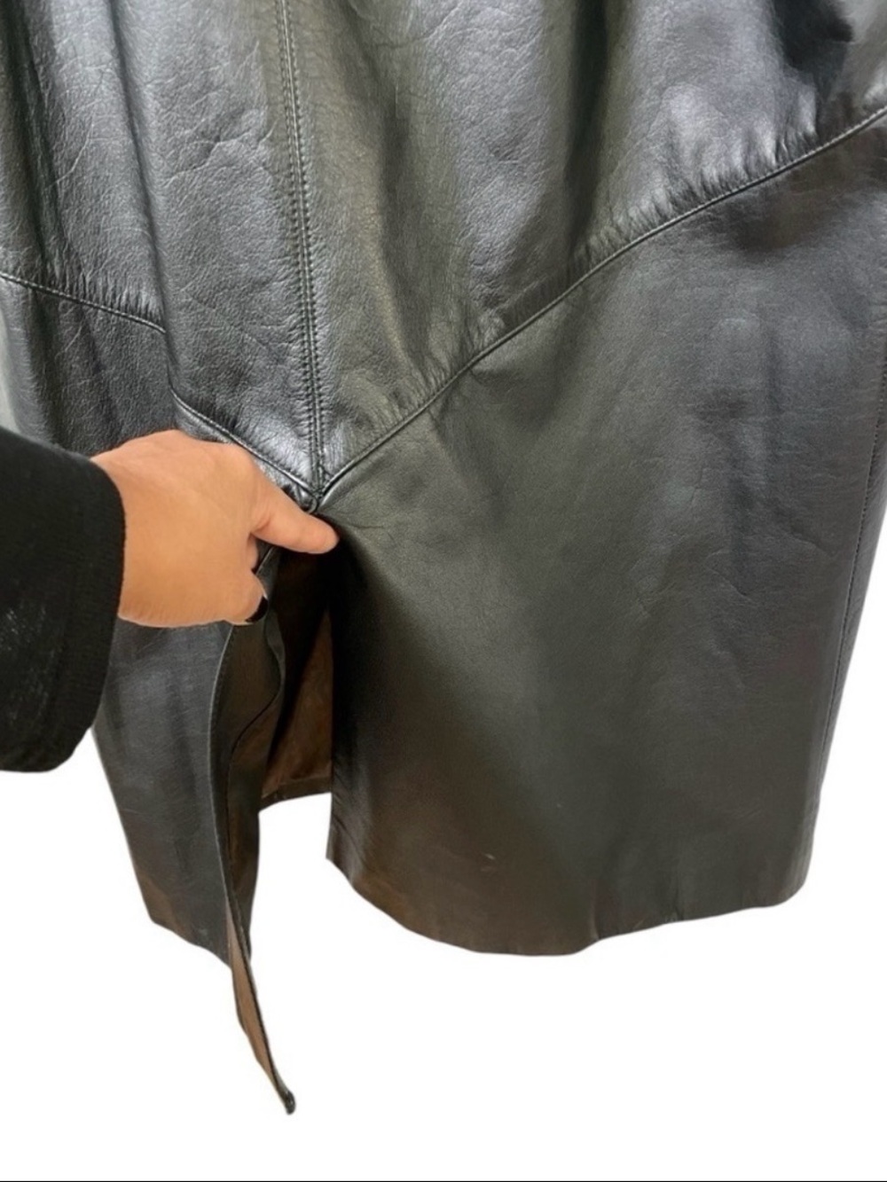 VTG G-III Genuine Leather Trench Coat Long Black Overcoat L Made in Indonesia - Picture 11 of 15